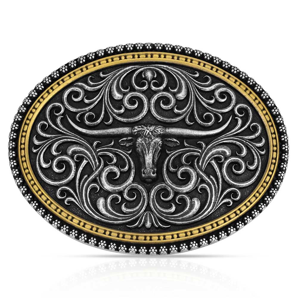 Two Tone Stockyard Attitude Belt Buckle by Montana Silversmiths