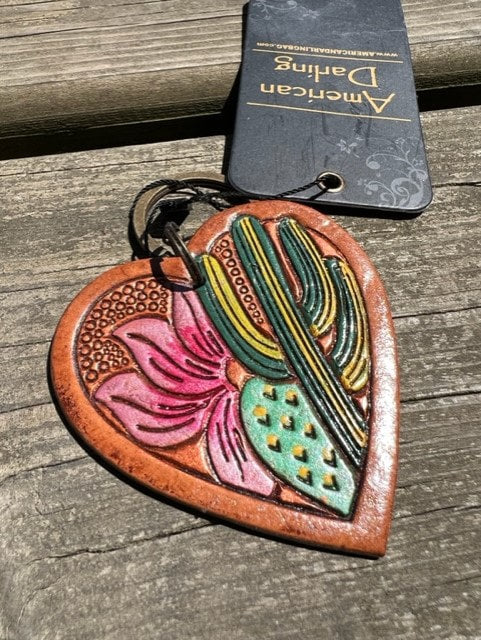 American Darling Leather Heart Keychains - Flower & Cactus