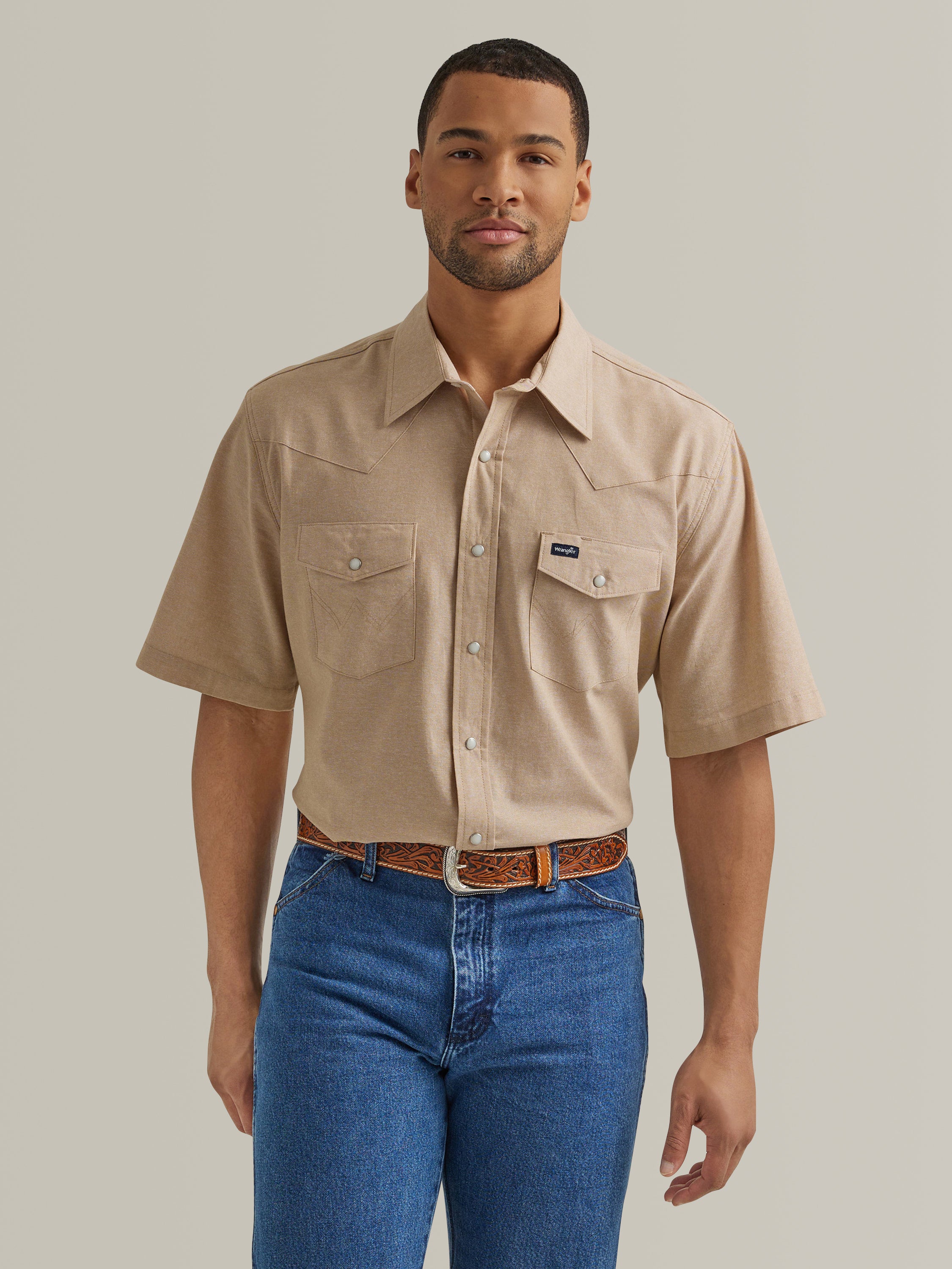 Cowboy Cut Short Sleeve Snap Up Shirt by Wrangler in Desert Dust Tan