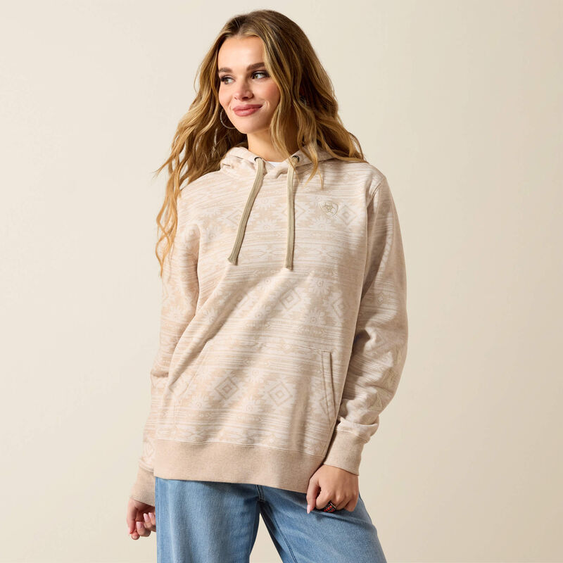 The Ariat Logo 2.0 Women's Hooded Sweatshirt in Khaki Aztec