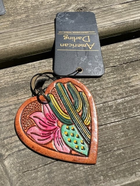 American Darling Leather Heart Keychains - Flower & Cactus