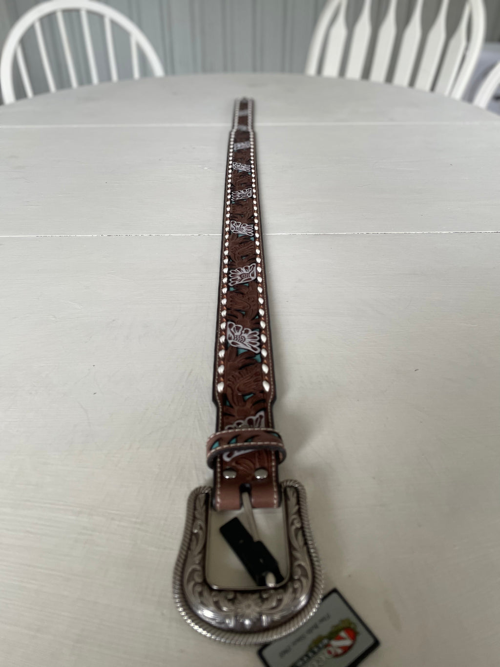 Turquoise Floral Buckstitch Perfection belt by Nocona