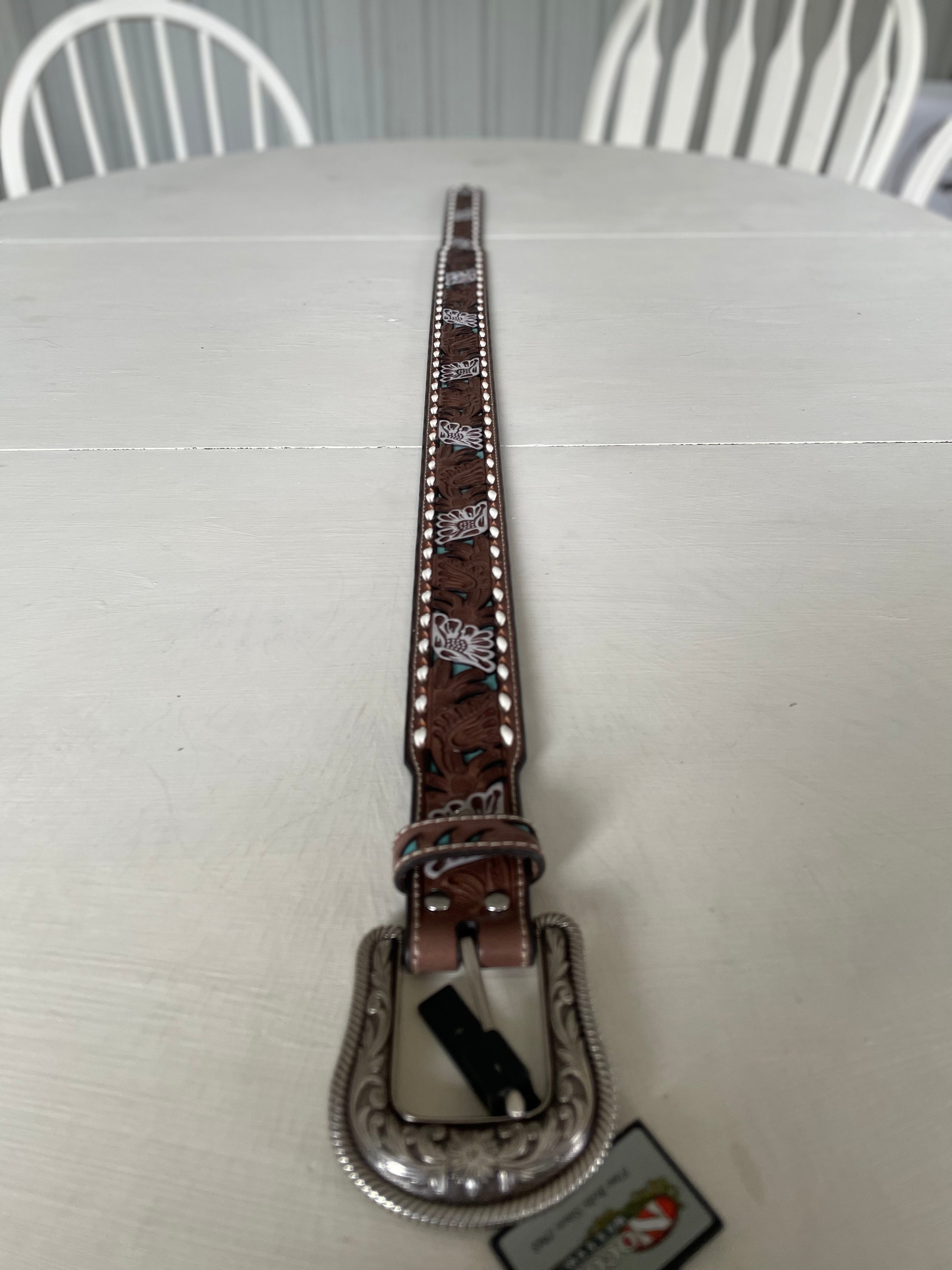 Turquoise Floral Buckstitch Perfection belt by Nocona