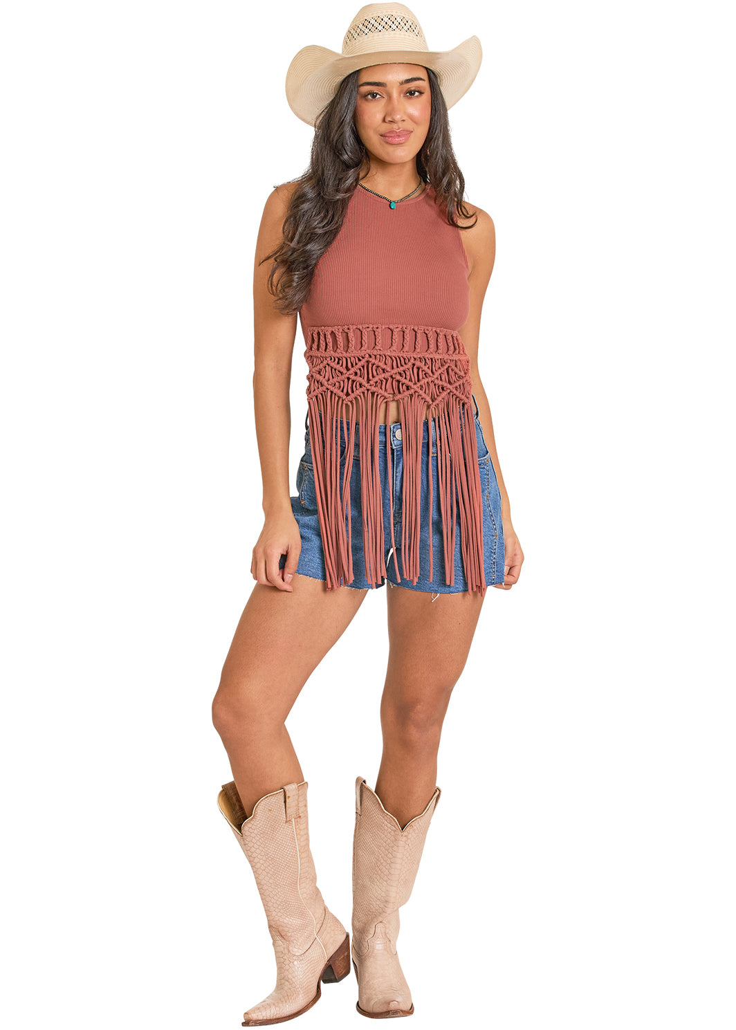The Boho Cowgirl Macrame Top in Rust by Rock & Roll Denim