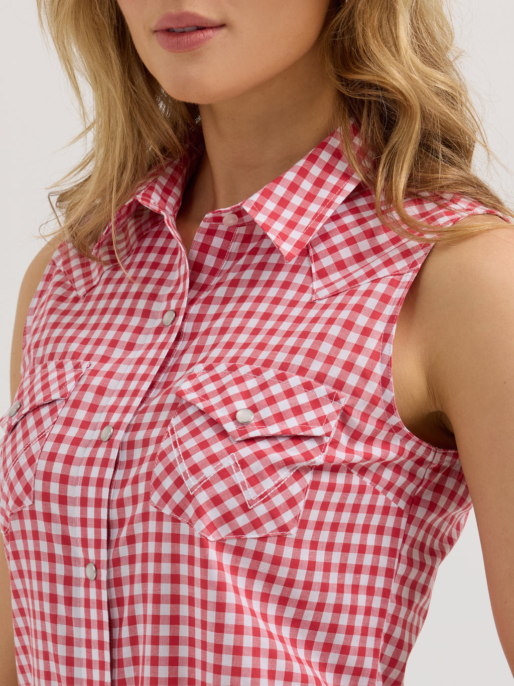 The Lucy Gingham Pearl Snap Sleeveless Shirt by Wrangler
